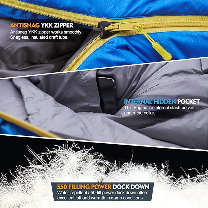 10 Degree F Hydrophobic Down-filled Sleeping Bag for Adults – Blue (Zipper on Right)