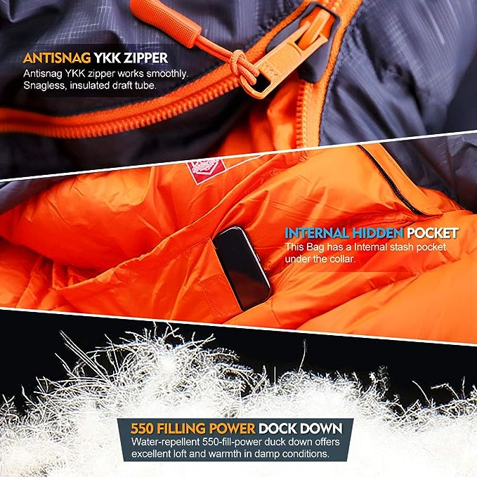 10 Degree F Hydrophobic Down-filled Sleeping Bag for Adults – Gray (Zipper on Right)