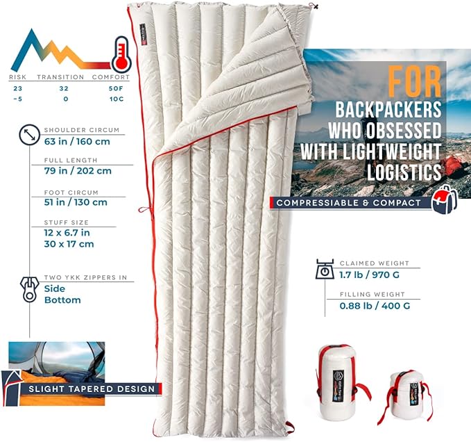 Ultralight Backpacking 32-50F Down Sleeping Bag - White