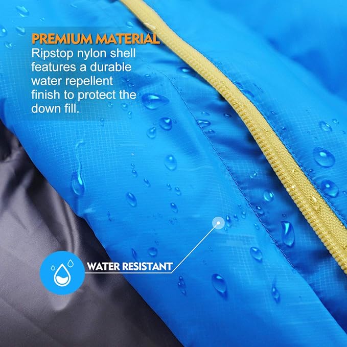 10 Degree F Hydrophobic Down-filled Sleeping Bag for Adults – Blue (Zipper on Right)