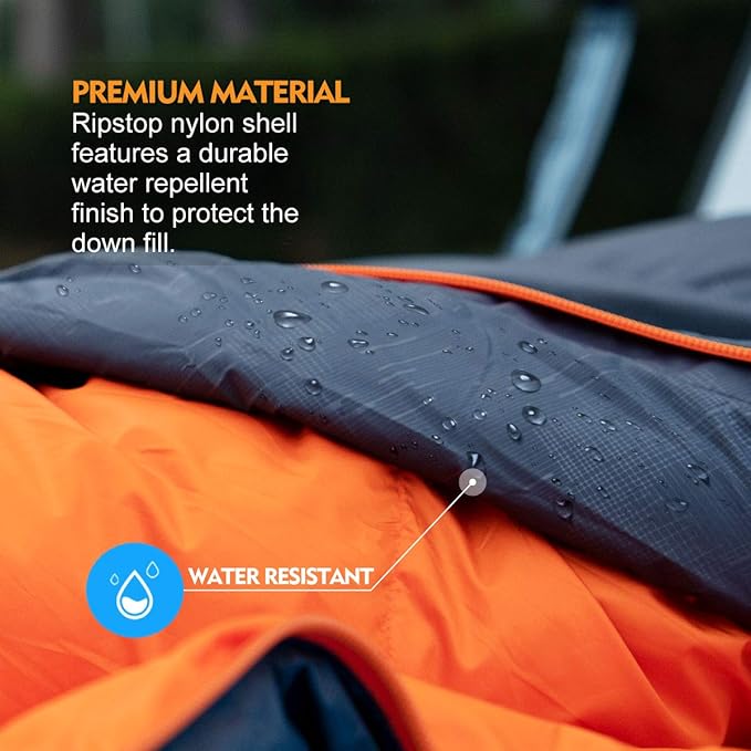 10 Degree F Hydrophobic Down-filled Sleeping Bag for Adults – Gray (Zipper on Right)