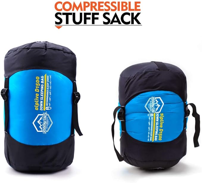 10 Degree F Hydrophobic Down-filled Sleeping Bag for Adults – Blue (Zipper on Right)