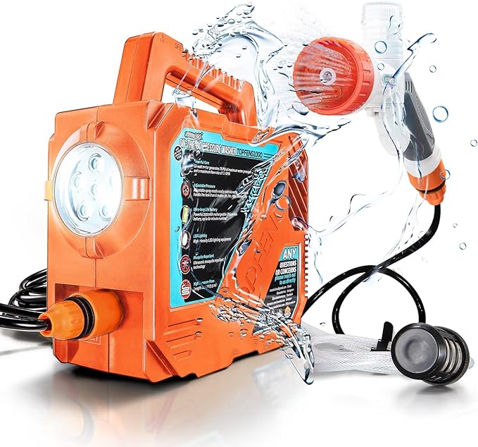 High Pressure Camping Shower with 50W/75psi Pump, Outdoor Camp Shower with Multi-use Sprayer and LED Light for Campsite Bathing Beach Yard Pet Car Cleanups - Orange