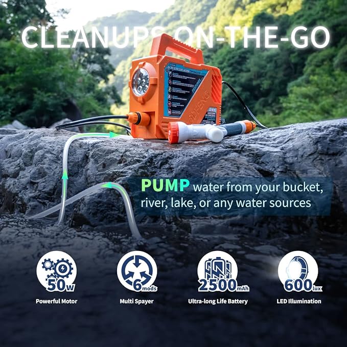 High Pressure Camping Shower with 50W/75psi Pump, Outdoor Camp Shower with Multi-use Sprayer and LED Light for Campsite Bathing Beach Yard Pet Car Cleanups - Orange