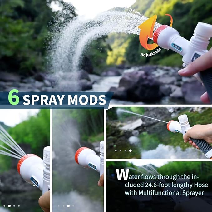 High Pressure Camping Shower with 50W/75psi Pump, Outdoor Camp Shower with Multi-use Sprayer and LED Light for Campsite Bathing Beach Yard Pet Car Cleanups - Orange