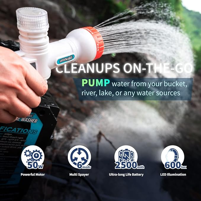 High Pressure Camping Shower with 50W/75psi Pump, Outdoor Camp Shower with Multi-use Sprayer and LED Light for Campsite Bathing Beach Yard Pet Car Cleanups - Black