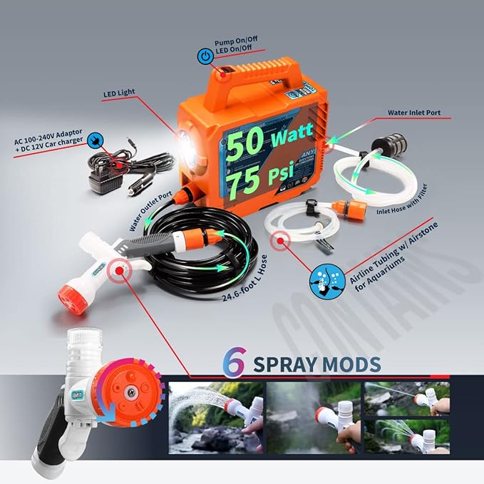 High Pressure Camping Shower with 50W/75psi Pump, Outdoor Camp Shower with Multi-use Sprayer and LED Light for Campsite Bathing Beach Yard Pet Car Cleanups - Orange