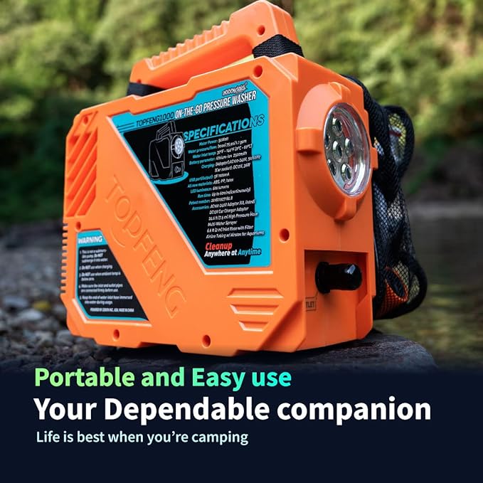 High Pressure Camping Shower with 50W/75psi Pump, Outdoor Camp Shower with Multi-use Sprayer and LED Light for Campsite Bathing Beach Yard Pet Car Cleanups - Orange