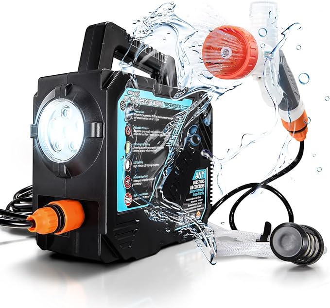 High Pressure Camping Shower with 50W/75psi Pump, Outdoor Camp Shower with Multi-use Sprayer and LED Light for Campsite Bathing Beach Yard Pet Car Cleanups - Orange