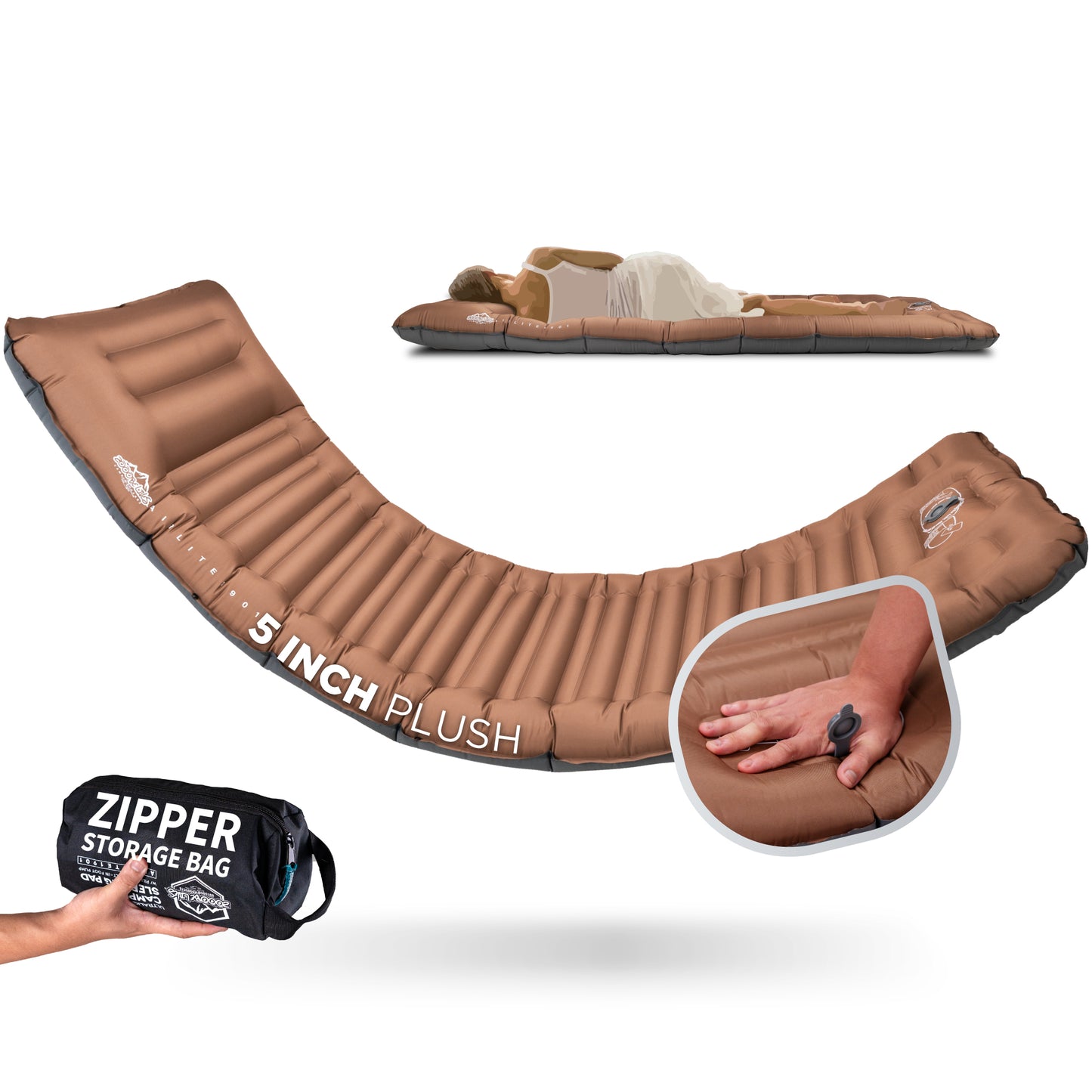 Camping Sleeping Pad with Built-in Pump & Pillow - Airlite1901 -Caramel Brown