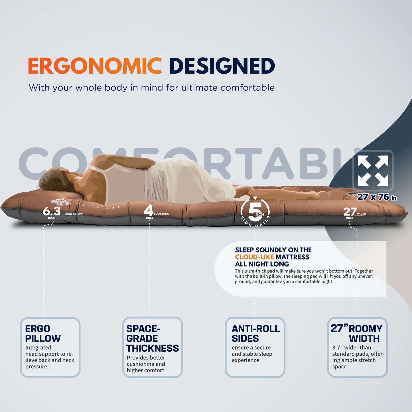 Camping Sleeping Pad with Built-in Pump & Pillow - Airlite1901 -Caramel Brown