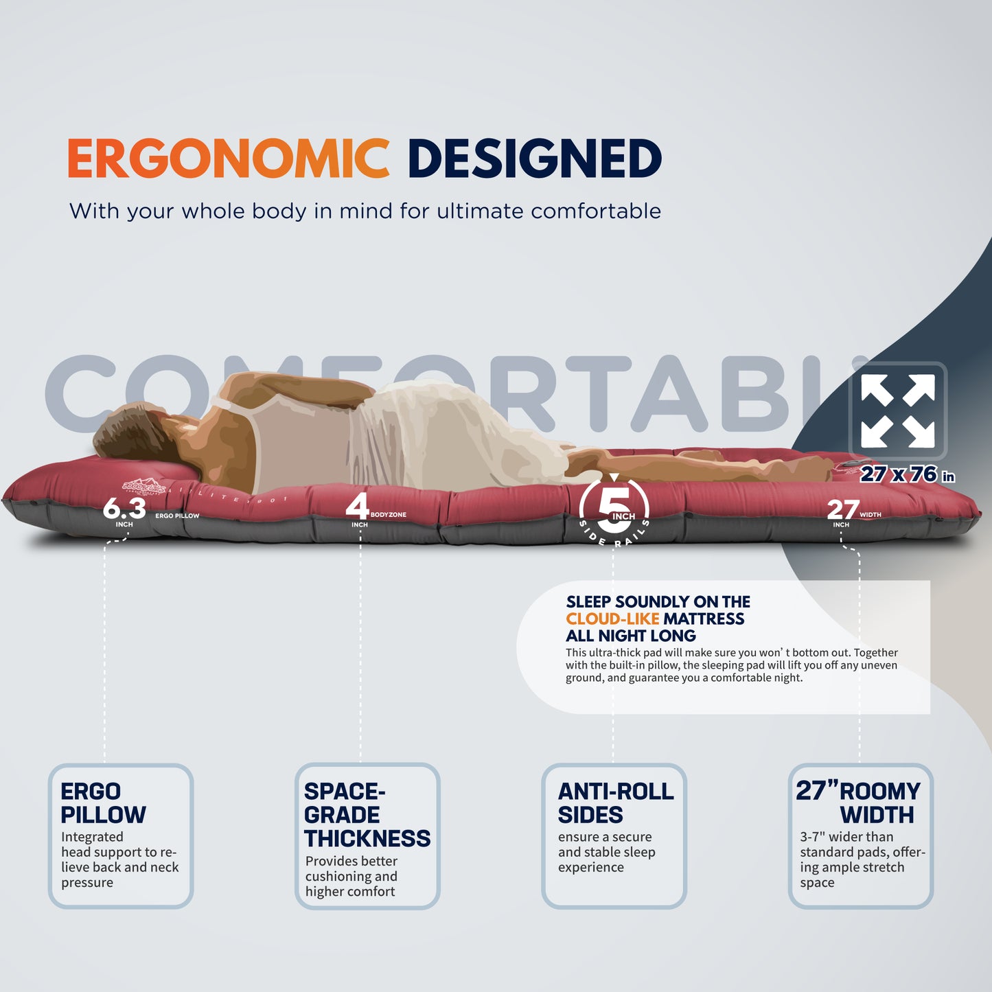 Camping Sleeping Pad with Built-in Pump & Pillow - Airlite1901 - Chili Pepper