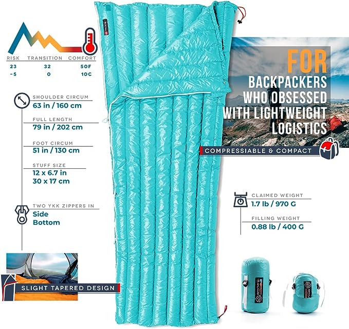 Ultralight Backpacking 32-50F Down Sleeping Bag - Fantasy Blue
