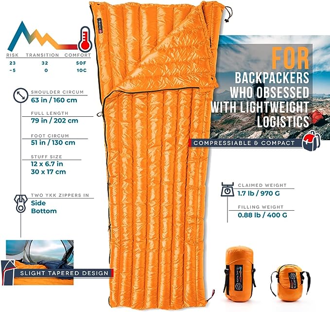 Ultralight Backpacking 32-50F Down Sleeping Bag - Orange
