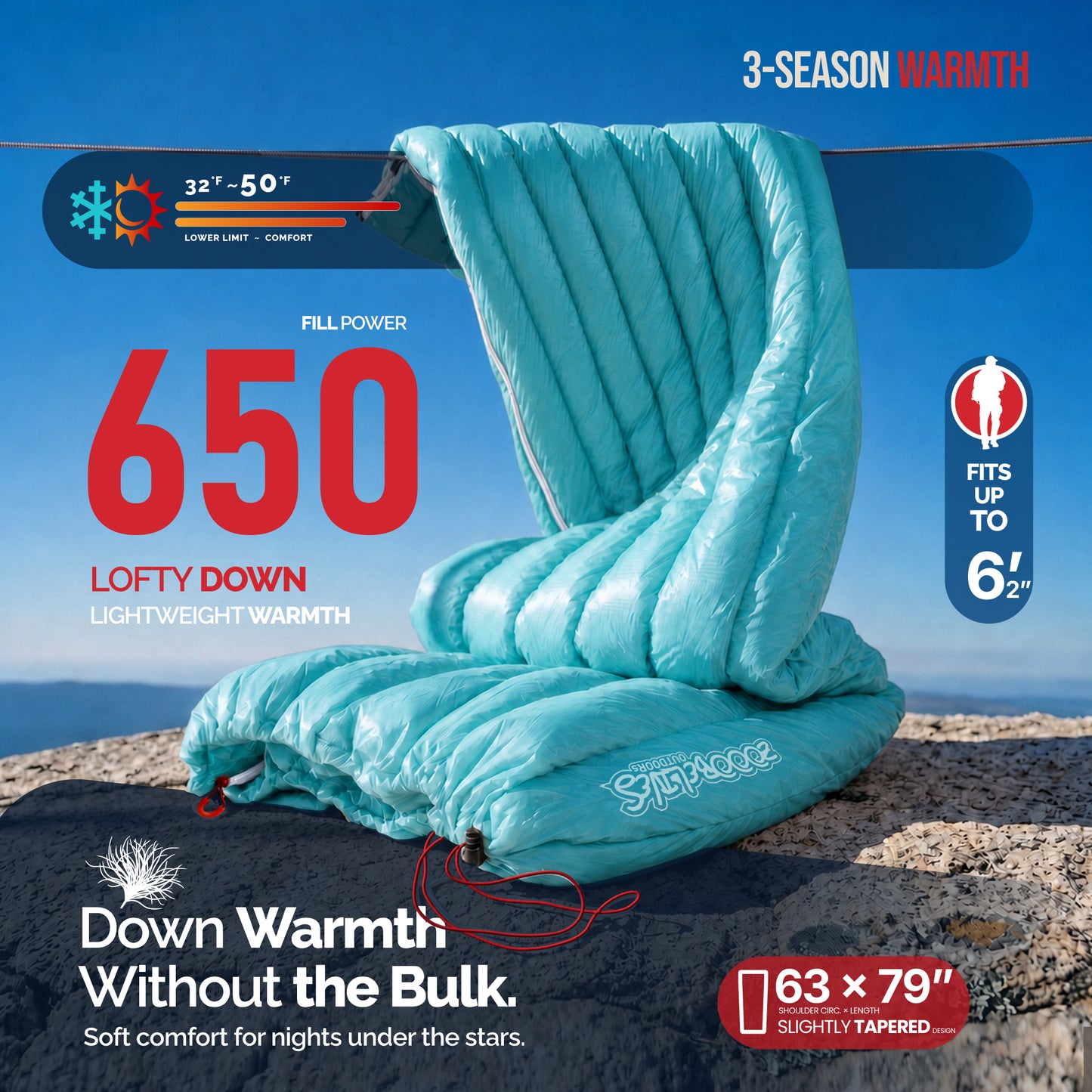 Ultralight Backpacking 32-50F Down Sleeping Bag  - Fantasy Blue