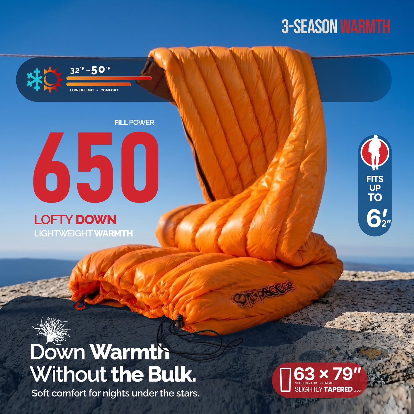 Ultralight Backpacking 32-50F Down Sleeping Bag - Orange