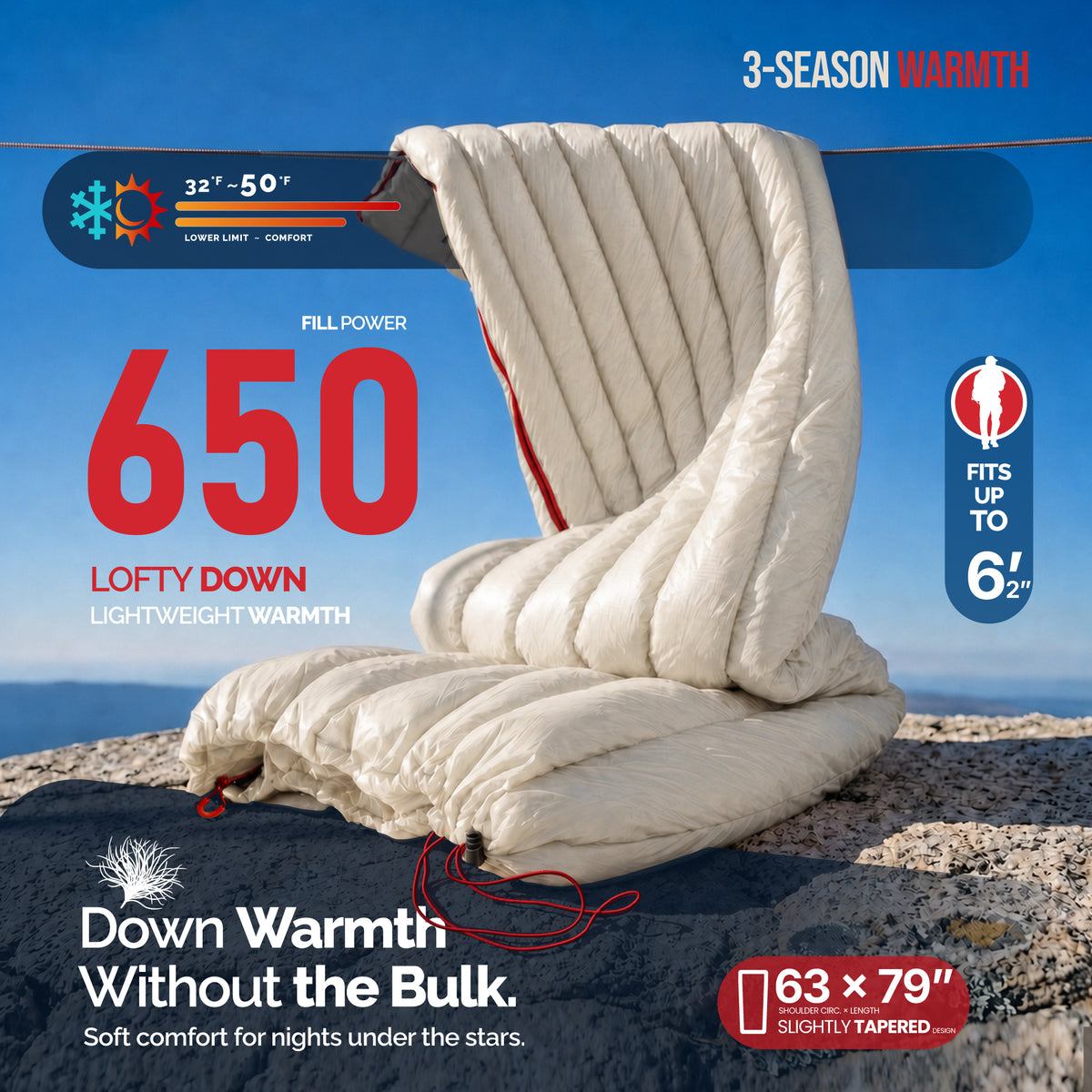 Ultralight Backpacking 32-50F Down Sleeping Bag - White